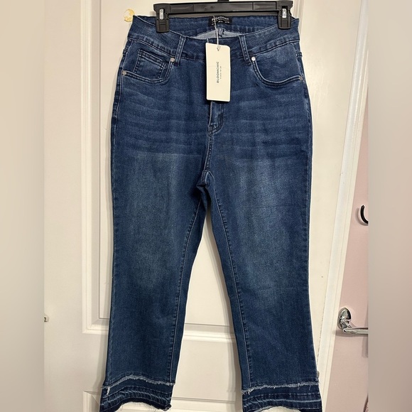 BloomChic Bootcut Stretchy High Rise Dark Wash Fringe Detail Jeans - Picture 2 of 4